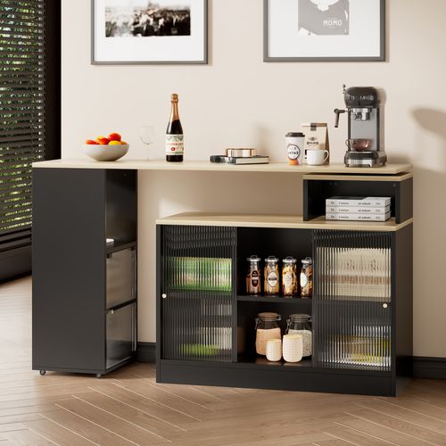 Meuble De Bar Modulable Noir Avec Table De Bar Et Espace De Rangement Multifonction