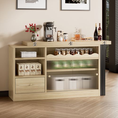 Meuble De Bar Bois Et Noir Avec Table De Bar Pliante Et Rangements Ouverts, Tiroir, 2 Portes