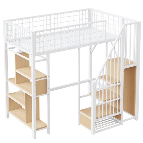 Lit Mezzanine 90x200 Cm Métal Blanc Avec Espace Modulable, Étagères, Rangement, Escalier Sécurisé