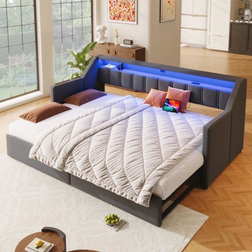Lit Gigogne 90x200 Cm Avec 2 Tiroirs, Ports USB Et Type-c, Bande LED, Poches, Gris