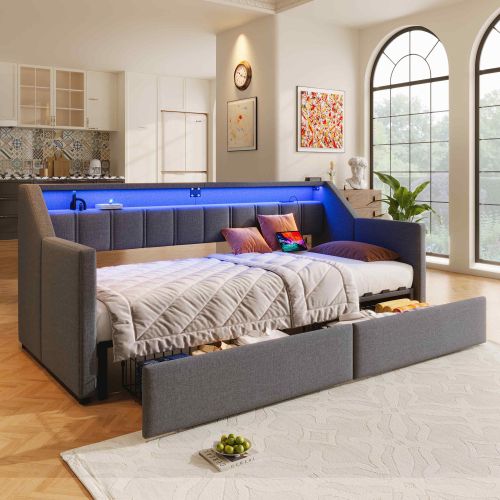 Lit Gigogne 90x200 Cm Avec 2 Tiroirs, Ports USB Et Type-c, Bande LED, Poches, Gris