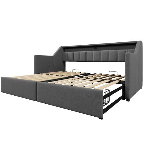 Lit Gigogne 90x200 Cm Avec 2 Tiroirs, Ports USB Et Type-c, Bande LED, Poches, Gris