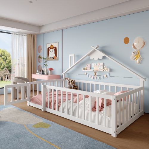 Lit Enfant 90x190 Cm, Lit Simple Avec Barrière De Sécurité, Cadre En Bois, Blanc