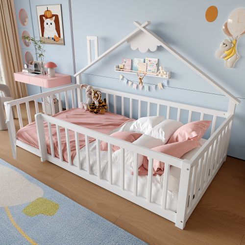 Lit Enfant 90x190 Cm, Lit Simple Avec Barrière De Sécurité, Cadre En Bois, Blanc