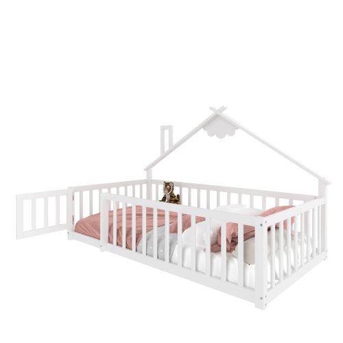 Lit Enfant 90x190 Cm, Lit Simple Avec Barrière De Sécurité, Cadre En Bois, Blanc