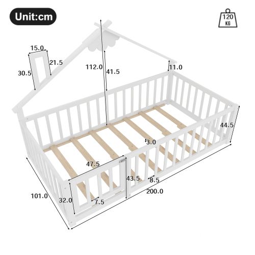 Lit Enfant 90x190 Cm, Lit Simple Avec Barrière De Sécurité, Cadre En Bois, Blanc