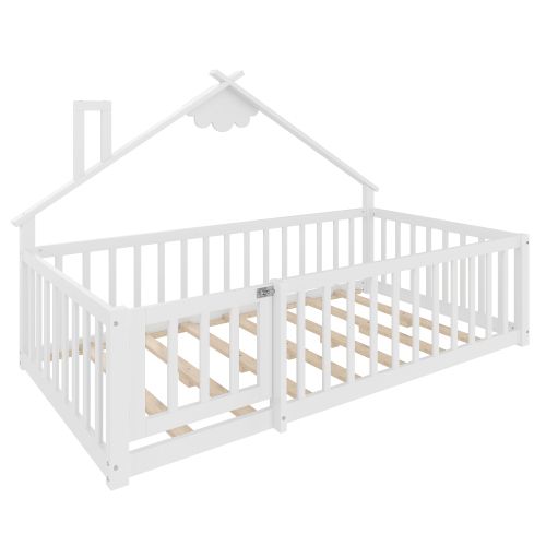 Lit Enfant 90x190 Cm, Lit Simple Avec Barrière De Sécurité, Cadre En Bois, Blanc