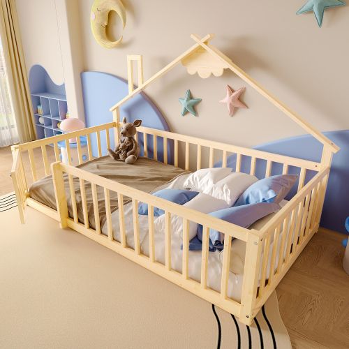 Lit Enfant 90x190 Cm, Lit Simple Avec Barrière De Sécurité, Cadre En Bois, Bois