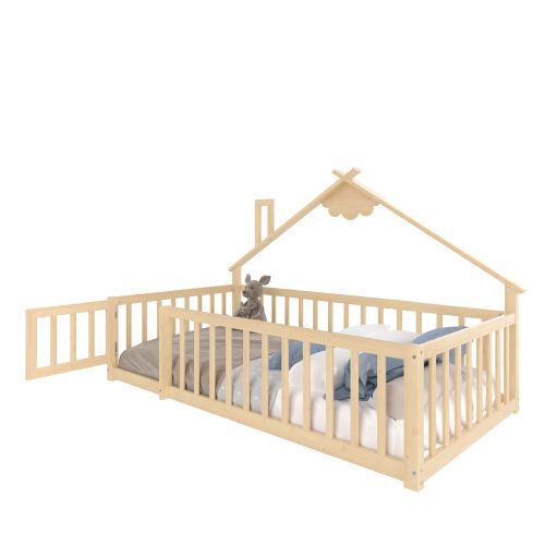 Lit Enfant 90x190 Cm, Lit Simple Avec Barrière De Sécurité, Cadre En Bois, Bois