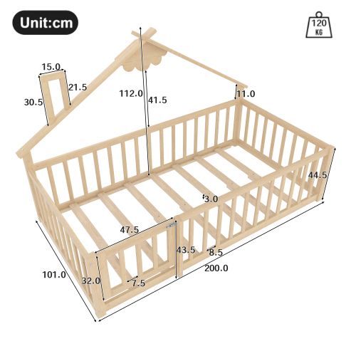 Lit Enfant 90x190 Cm, Lit Simple Avec Barrière De Sécurité, Cadre En Bois, Bois