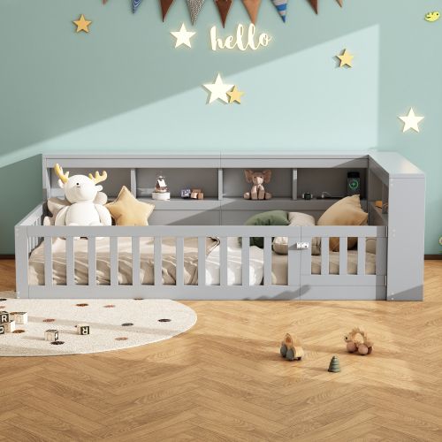 Lit Enfant 90x200 Cm Avec Tête De Lit De Rangement, Barrière De Sécurité, Port USB, Gris