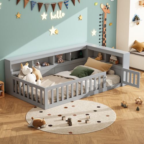 Lit Enfant 90x200 Cm Avec Tête De Lit De Rangement, Barrière De Sécurité, Port USB, Gris