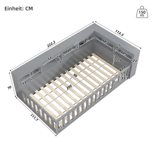 Lit Enfant 90x200 Cm Avec Tête De Lit De Rangement, Barrière De Sécurité, Port USB, Gris