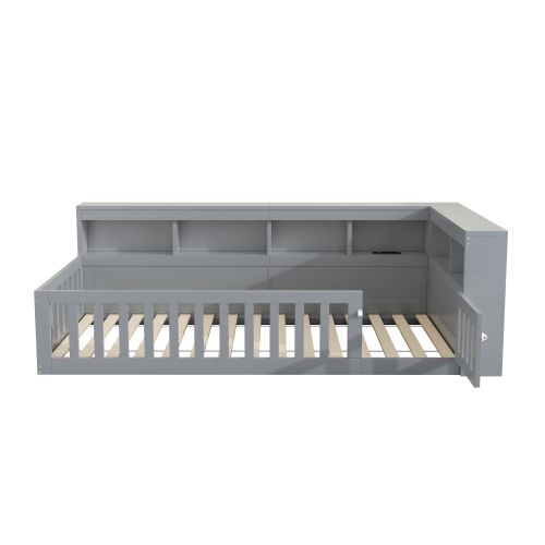 Lit Enfant 90x200 Cm Avec Tête De Lit De Rangement, Barrière De Sécurité, Port USB, Gris