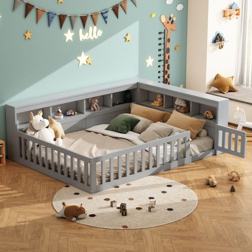 Lit Enfant 140x200 Cm Avec Tête De Lit De Rangement, Barrière De Sécurité, Port USB, Gris