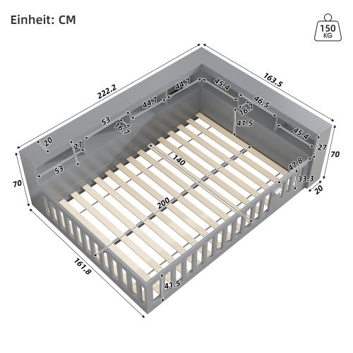 Lit Enfant 140x200 Cm Avec Tête De Lit De Rangement, Barrière De Sécurité, Port USB, Gris