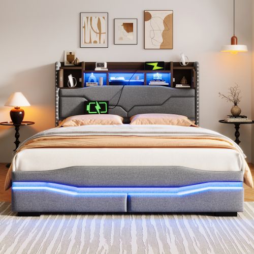 Lit Coffre 140x200 Cm Avec Port USB-c, Lumière LED, Tête De Lit De Rangement, Gris