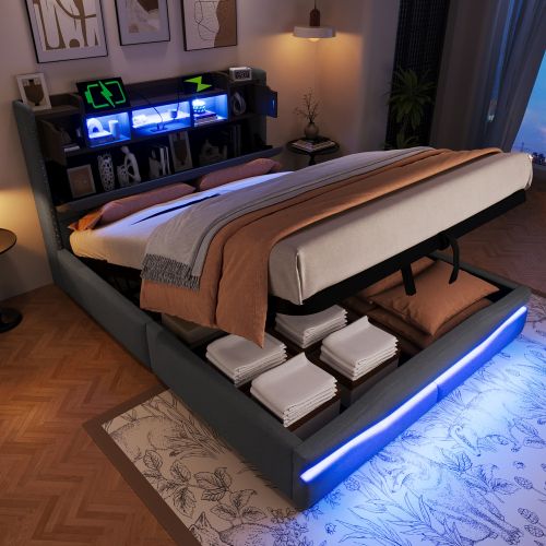 Lit Coffre 140x200 Cm Avec Port USB-c, Lumière LED, Tête De Lit De Rangement, Gris