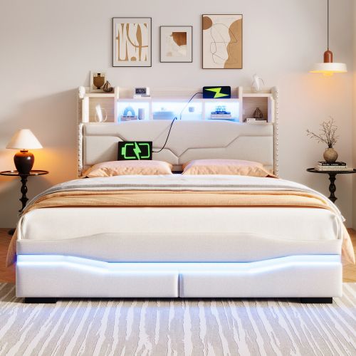 Lit Coffre 140x200 Cm Avec Port USB-c, Lumière LED, Tête De Lit De Rangement, Beige