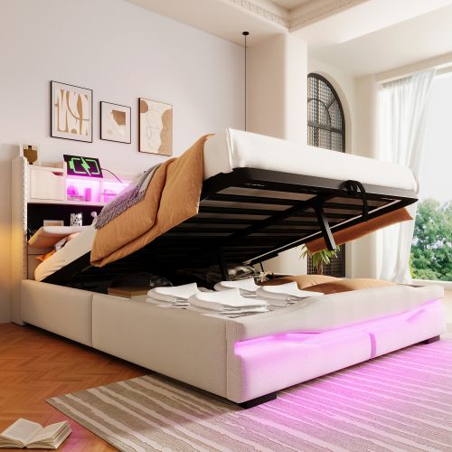 Lit Coffre 140x200 Cm Avec Port USB-c, Lumière LED, Tête De Lit De Rangement, Beige