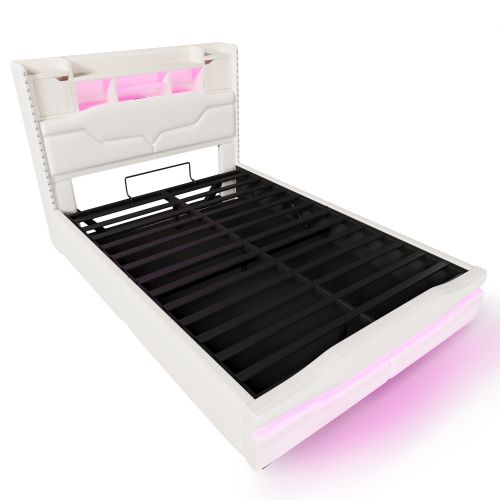 Lit Coffre 140x200 Cm Avec Port USB-c, Lumière LED, Tête De Lit De Rangement, Beige