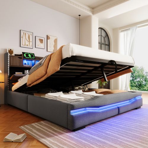 Lit Coffre 160x200 Cm Avec Port USB-c, Lumière LED, Tête De Lit De Rangement, Gris