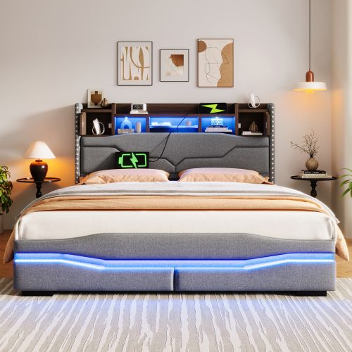Lit Coffre 160x200 Cm Avec Port USB-c, Lumière LED, Tête De Lit De Rangement, Gris