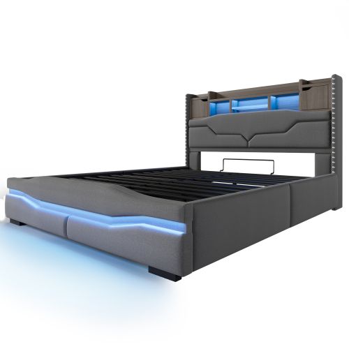 Lit Coffre 160x200 Cm Avec Port USB-c, Lumière LED, Tête De Lit De Rangement, Gris