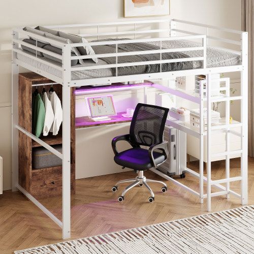 Lit Mezzanine 140x200 Cm Avec Lumière LED, Bureau, 1 Tiroir, Étagère De Rangement, Blanc