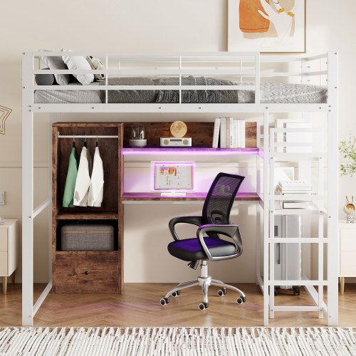 Lit Mezzanine 140x200 Cm Avec Lumière LED, Bureau, 1 Tiroir, Étagère De Rangement, Blanc