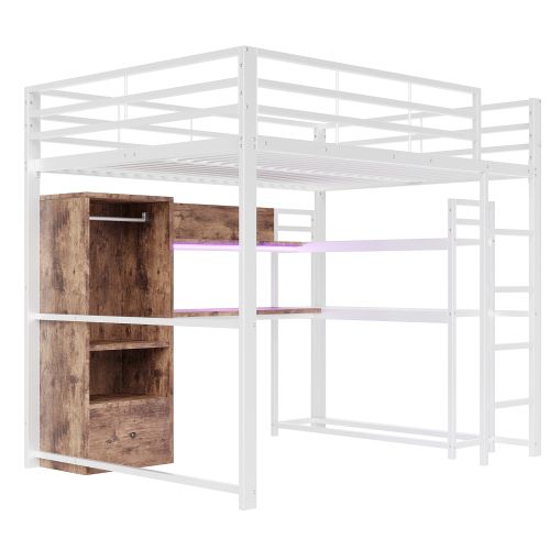 Lit Mezzanine 140x200 Cm Avec Lumière LED, Bureau, 1 Tiroir, Étagère De Rangement, Blanc