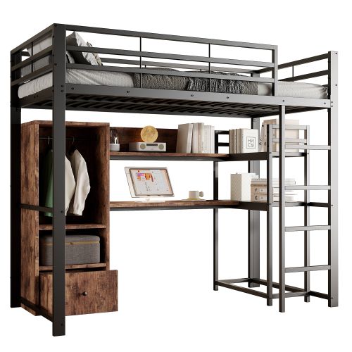 Lit Mezzanine 140x200 Cm Avec Lumière LED, Bureau, 1 Tiroir, Étagère De Rangement, Noir