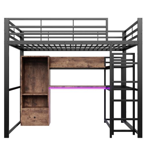 Lit Mezzanine 140x200 Cm Avec Lumière LED, Bureau, 1 Tiroir, Étagère De Rangement, Noir