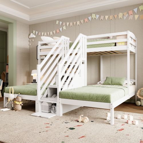 Lits Superposés 90x200 Cm, 3 Lits Avec Échelle De Rangement, Barrière De Sécurité, Blanc