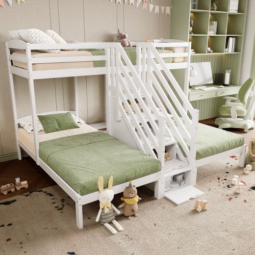 Lits Superposés 90x200 Cm, 3 Lits Avec Échelle De Rangement, Barrière De Sécurité, Blanc