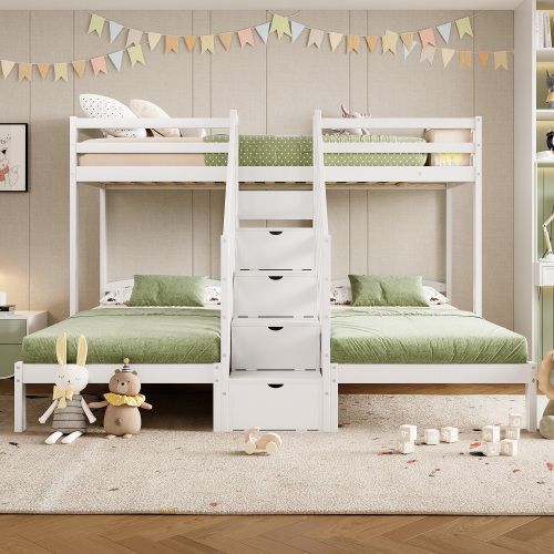 Lits Superposés 90x200 Cm, 3 Lits Avec Échelle De Rangement, Barrière De Sécurité, Blanc