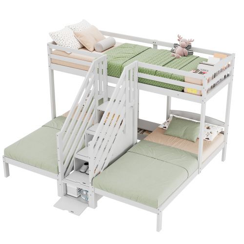 Lits Superposés 90x200 Cm, 3 Lits Avec Échelle De Rangement, Barrière De Sécurité, Blanc