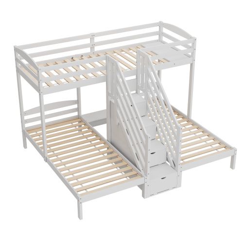 Lits Superposés 90x200 Cm, 3 Lits Avec Échelle De Rangement, Barrière De Sécurité, Blanc