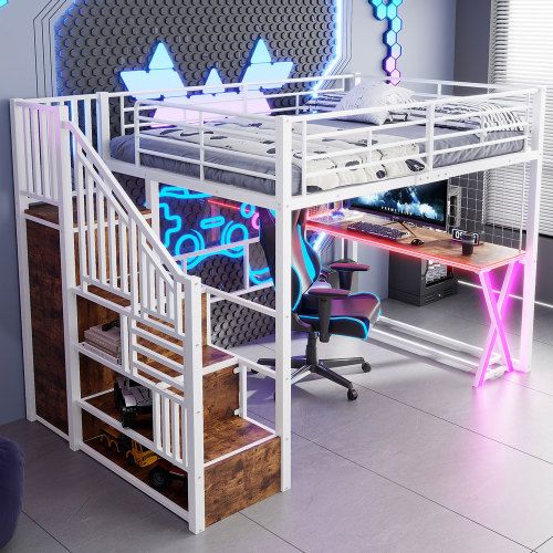 Lit Mezzanine 140x200 Cm Avec Lumière LED, Échelle De Rangement, Bureau, Armoire Et Étagères, Blanc