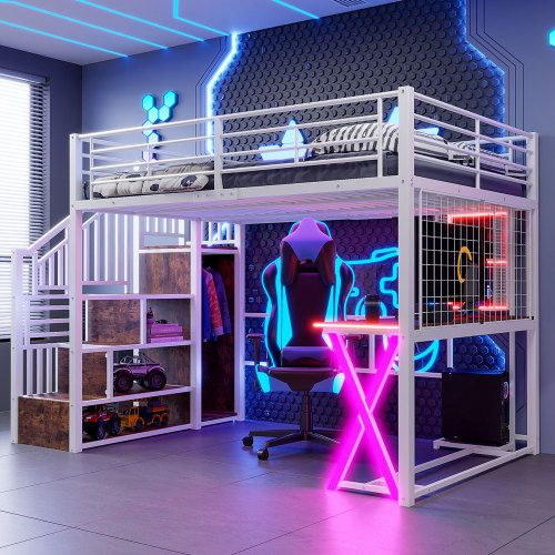 Lit Mezzanine 140x200 Cm Avec Lumière LED, Échelle De Rangement, Bureau, Armoire Et Étagères, Blanc