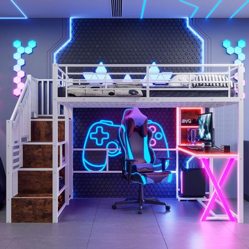 Lit Mezzanine 140x200 Cm Avec Lumière LED, Échelle De Rangement, Bureau, Armoire Et Étagères, Blanc