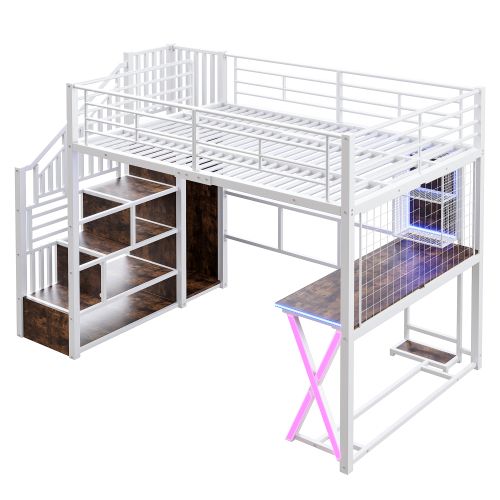 Lit Mezzanine 140x200 Cm Avec Lumière LED, Échelle De Rangement, Bureau, Armoire Et Étagères, Blanc