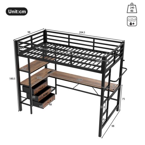 Lit Mezzanine 90x200 Cm Avec Lumière LED, Bureau, Port USB, 3 Tiroirs Et Étagère De Rangement, Noir