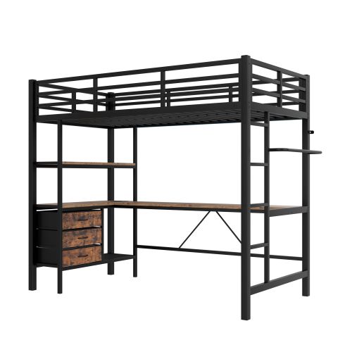 Lit Mezzanine 90x200 Cm Avec Lumière LED, Bureau, Port USB, 3 Tiroirs Et Étagère De Rangement, Noir