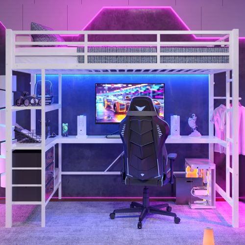 Lit Mezzanine 90x200 Cm Avec Lumière LED, Bureau, Port USB, 3 Tiroirs Et Étagère De Rangement, Blanc
