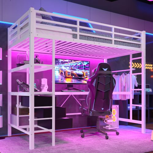 Lit Mezzanine 90x200 Cm Avec Lumière LED, Bureau, Port USB, 3 Tiroirs Et Étagère De Rangement, Blanc