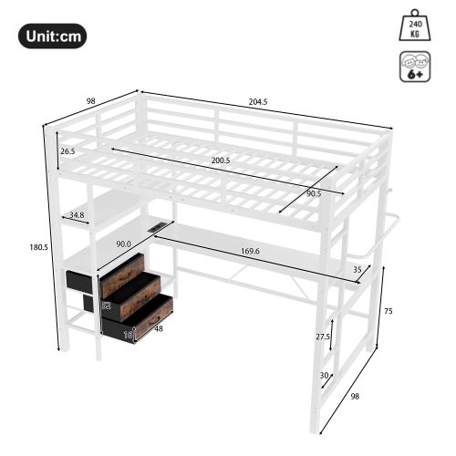 Lit Mezzanine 90x200 Cm Avec Lumière LED, Bureau, Port USB, 3 Tiroirs Et Étagère De Rangement, Blanc