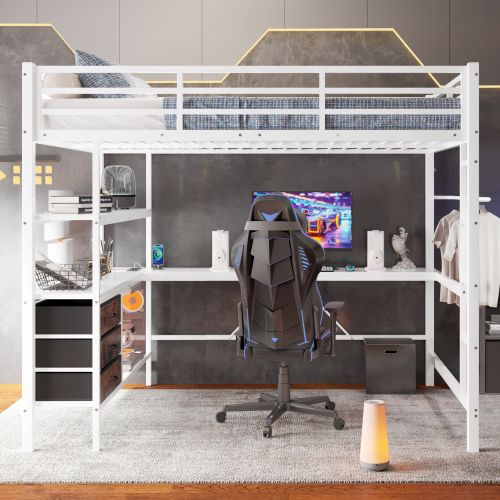 Lit Mezzanine 140x200 Cm Avec Lumière LED, Bureau, Port USB, 3 Tiroirs, Étagère De Rangement, Blanc