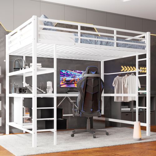 Lit Mezzanine 140x200 Cm Avec Lumière LED, Bureau, Port USB, 3 Tiroirs, Étagère De Rangement, Blanc