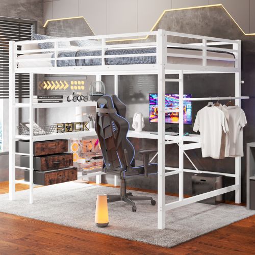 Lit Mezzanine 140x200 Cm Avec Lumière LED, Bureau, Port USB, 3 Tiroirs, Étagère De Rangement, Blanc